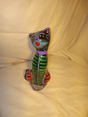 Mexican Folk Art Talavera Pottery Ceramic Animal Cat Figure Colorful